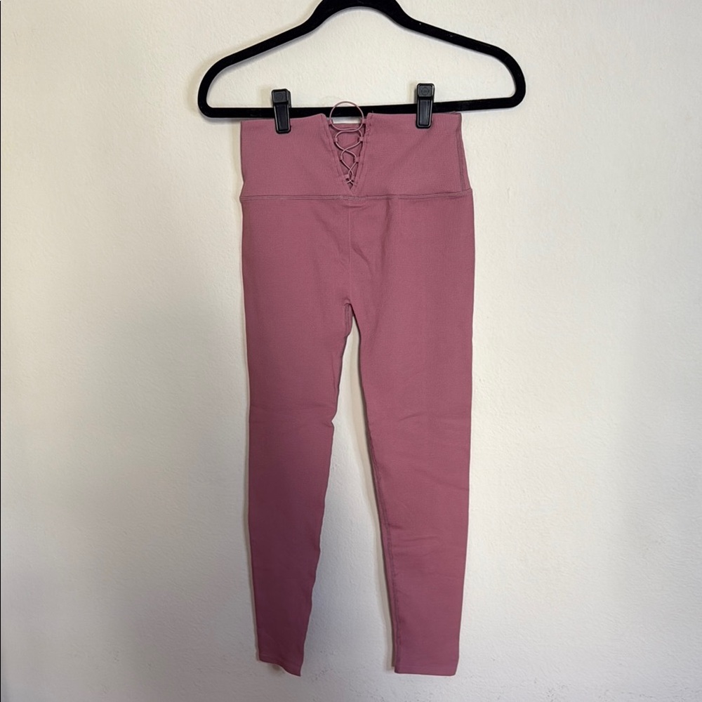 Lace Up Back Ribbed Pink Leggings - Picture 6 of 10